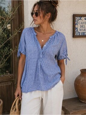 Westbound Chambray Blue Tie-Sleeve V-Neck Tunic